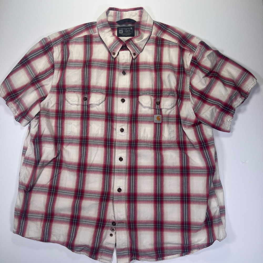 Carhartt Mens 2XL Loose Fit Short Sleeve Plaid Button Down Shirt Red White‎ Grey